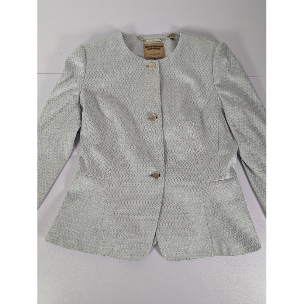 Ted Baker Blazer Suit Jacket Womens 3 Pale Blue Peplum Textured Jacquard Lined‎ - Picture 3 of 16